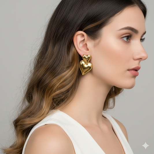 Gold-Plated Dual Heart Statement Earrings | Anti-Tarnish Gloss Finish