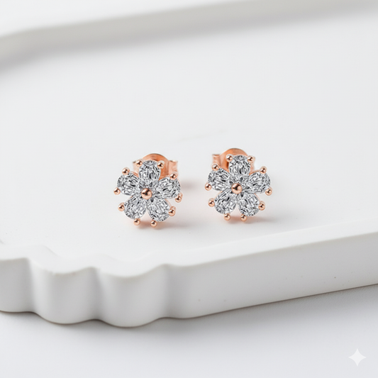 Rose Gold-Plated Floral Stud Earrings | Elegant Anti-Tarnish Designer Finish