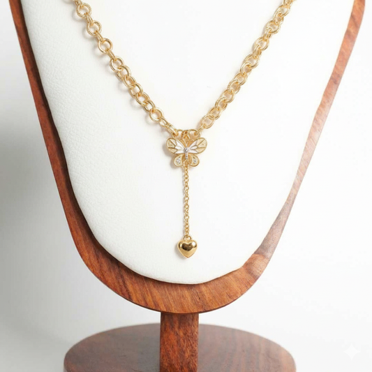 Golden Butterfly Charm Necklace with Heart Drop – Symbol of Grace & Freedom