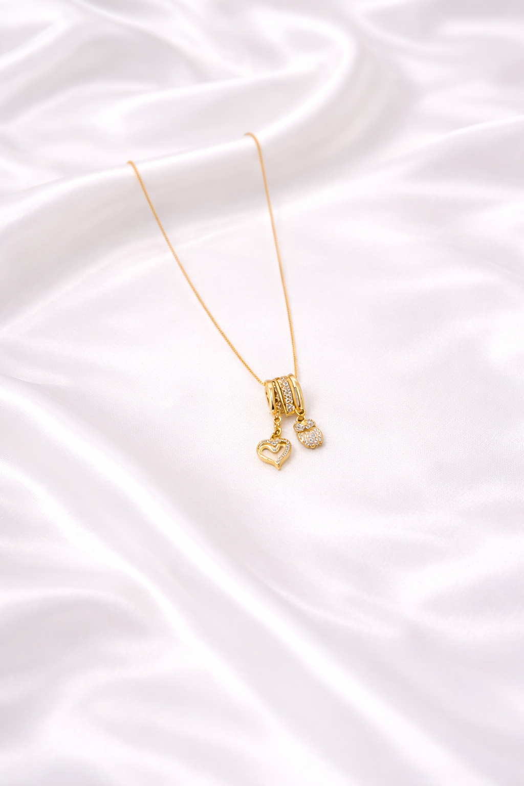 Anti-Tarnish Gold Heart & Crystal Charm Pendant Necklace