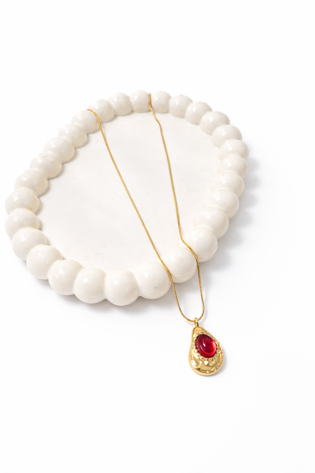 Anti-Tarnish Gold Red Stone Teardrop Pendant Necklace