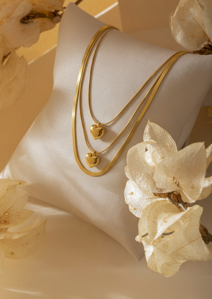 Golden Heart Pendant Layered Necklace – Elegant Dual Chain Design