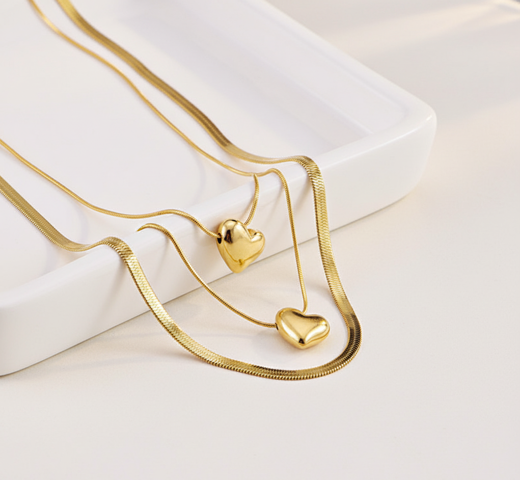 Golden Heart Pendant Layered Necklace – Elegant Dual Chain Design