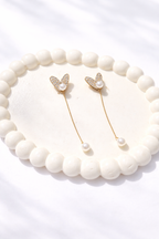 Anti-Tarnish Gold Heart Chain Drop Earrings with Pearl Finish