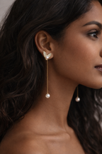 Anti-Tarnish Gold Heart Chain Drop Earrings with Pearl Finish