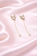 Anti-Tarnish Gold Heart Chain Drop Earrings with Pearl Finish