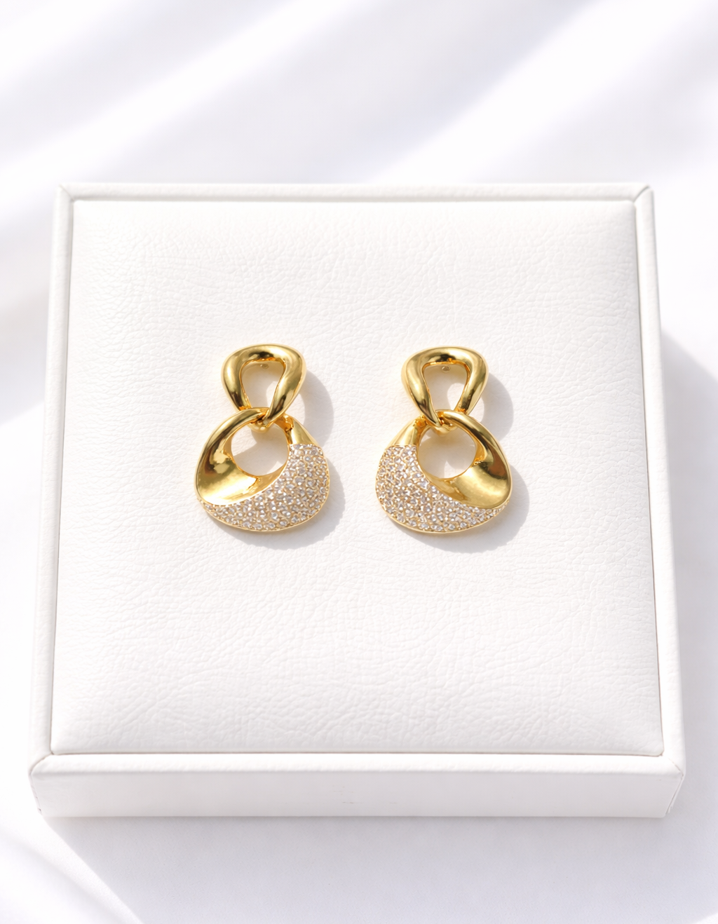 Anti-Tarnish Gold Interlock Drop Earrings with Crystal Finish