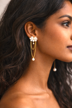 Anti-Tarnish Pearl Bloom Floral Chain Drop Earrings