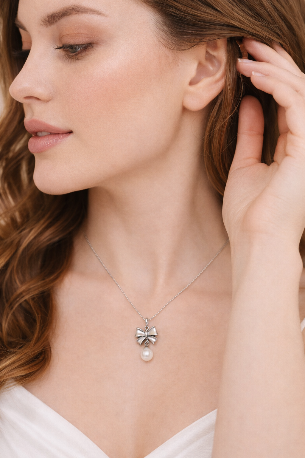 Anti-Tarnish Silver Floral Pearl Drop Pendant Necklace