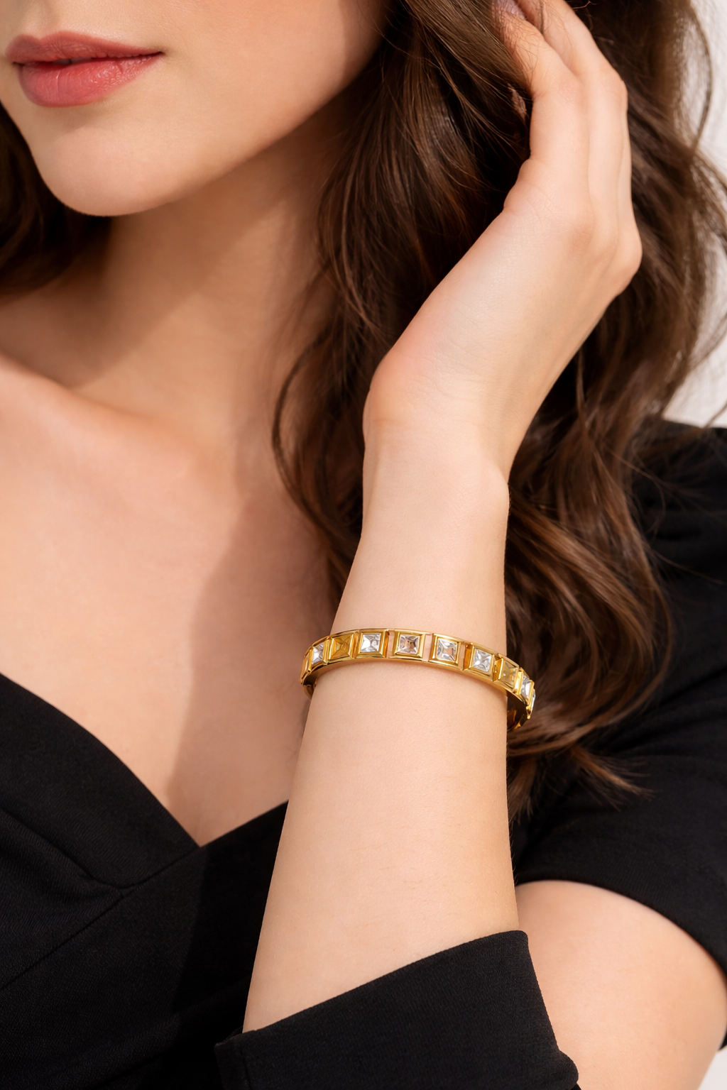 Anti-Tarnish Gold Plated Square CZ Bangle Bracelet