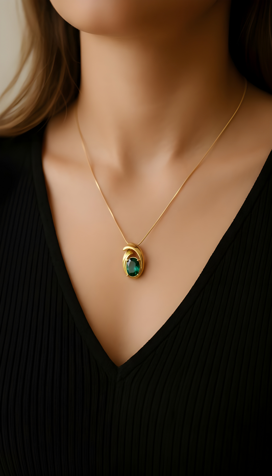 Gold Plated Green Stone Pendant Necklace